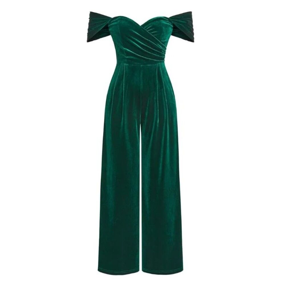 Cider Emerald Green Velvet Wide Leg Jumpsuit Off Shoulder Smocked 3X NEW NWT